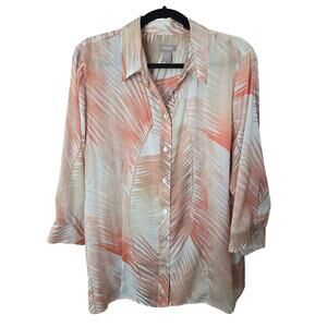 Chico's Tropical Palm Leaf Blouse XL Pink White 3/4 Sleeve Resortwear Satin